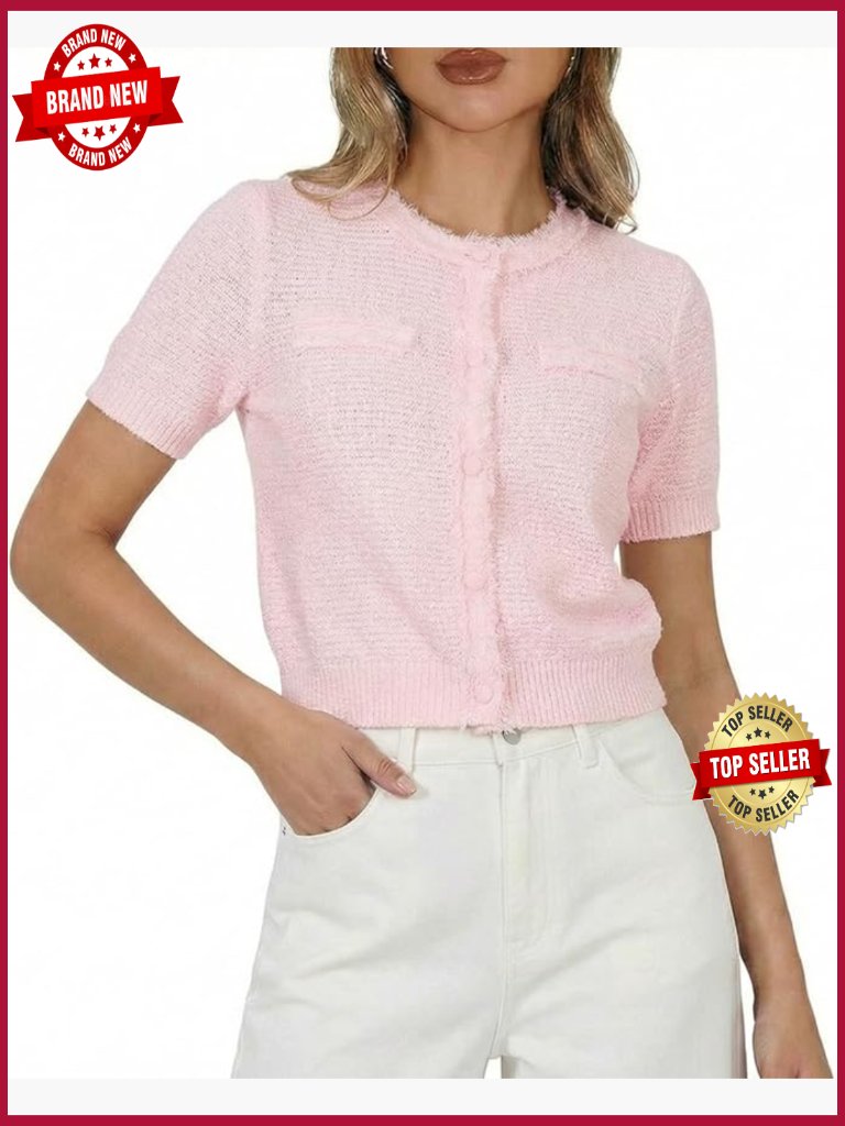 Cropped Knit Cardigan Short Sleeve Frayed Edge Cotton Blend Fitted Work Outwear
